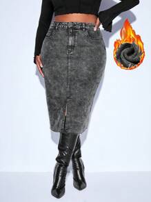 SHEIN Lady Falda vaquera de talla grande para mujer con dobladillo dividido y bordes deshilachados, forrada térmicamente