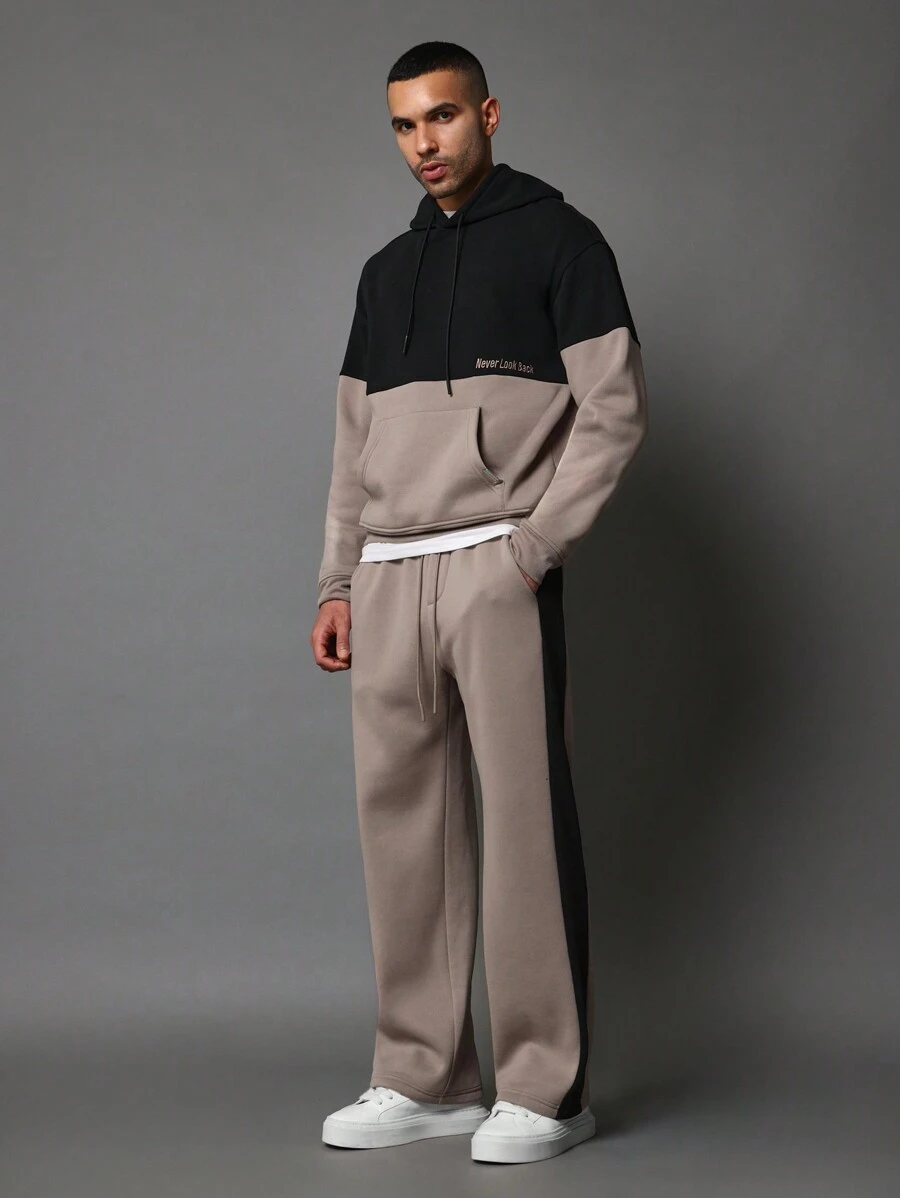 SUMWON Conjunto de 2 piezas con sudadera tipo overhead con bloqueo de color y bordado, y pantalón de chándal con entrepierna caída - Multicolor - Ver 1