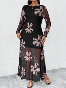 SHEIN Unity 大码女式画笔描边花卉印花透视束腰连衣裙长款女装 - 彩色 - 查看 8