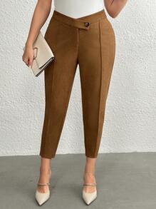 SHEIN LUNE Plus Size Women Deer Suede Fabric Skinny Leggings - Black - View 5