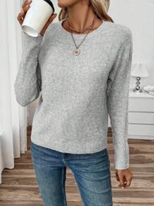 SHEIN LUNE 女士宽松圆领休闲针织套头衫，秋冬新品 - 淺灰色 - 查看 5