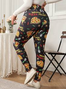 SHEIN LUNE Plus Size Women Halloween Heart Pizza Print Knit High Stretch Velvet Skinny Leggings, Fashion Slim Fit, Comfortable Base Layer - Multicolor - View 2