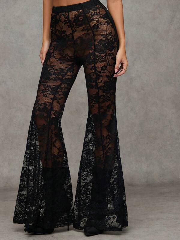 SHEIN BAE Women's Black Sexy Lace Night Out/Rave Party/Club Wear/Bachelor Party/Theme Party Outfit See-Through Lace Wide-Leg Flared Pants/70s Clothes/Black Pants