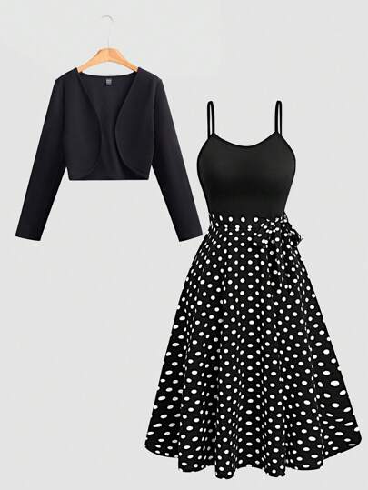 SHEIN Clasi فستان مكون من توب وتنورة طويلة بطراز منقط انيق بطراز قديم، للحفلات/عروض الرقص، بأكمام قصيرة وتنورة طويلة ، عدد القطع 2