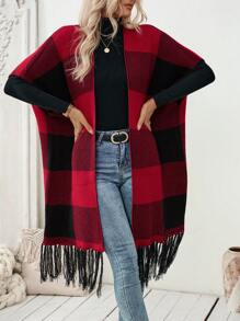 SHEIN LUNE Cárdigan con borlas y estampado de cuadros para mujeres, moda de otoño/invierno