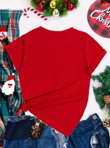 Roupas Combinadas de Família para o Natal Camiseta Gola Redonda Oversized Feminina, Confortável e Solta em Cor Vermelha na Moda, Estampa Temática Natalina com Papai Noel, Carro, Árvore de Natal, Feliz Natal, Conjunto Familiar Quente para Roupas de Ano Novo, Camisetas Gráficas Femininas - Vermelho - Visão 2