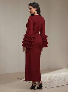 Veilorie Vestido elegante y recatado de unicolor para mujer con cuello redondo, mangas abombadas y bajo en forma de cola de pez