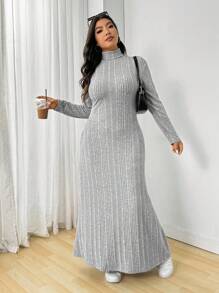 SHEIN EZwear Váy cổ lọ tay dài viền đuôi cá bo gấu cỡ lớn cho nữ, màu xám, mùa thu - Xám - Xem 3