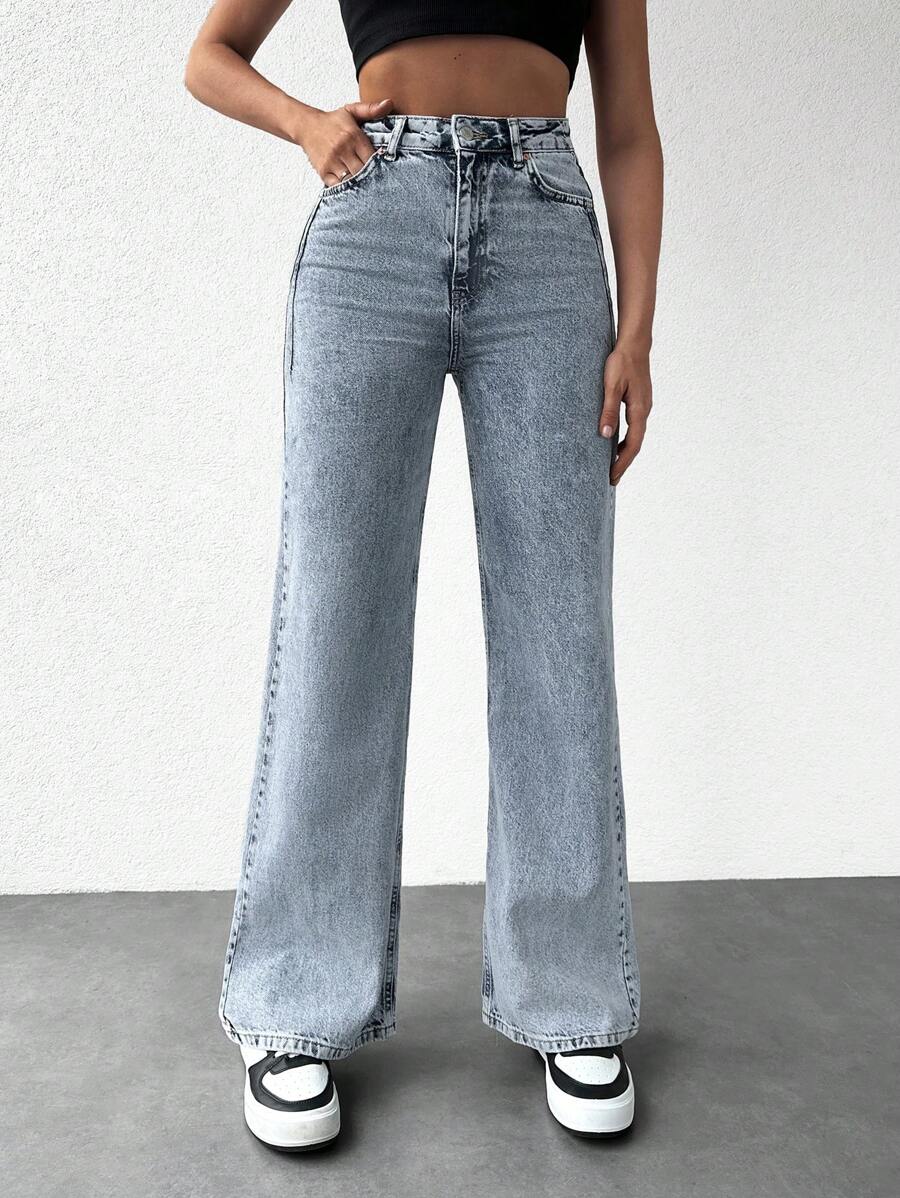 EURMUSE Letter Patched Wide Leg Jeans - Rửa nhẹ - Xem 1