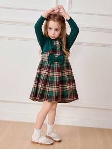 Cozy Pixies 年轻女孩彩色格子撞色腰长袖二合一连衣裙 - 彩色 - 查看 1