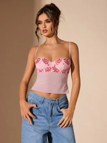 SHEIN BAE Camiseta de encaje floral ajustada estilo Y2K para mujer