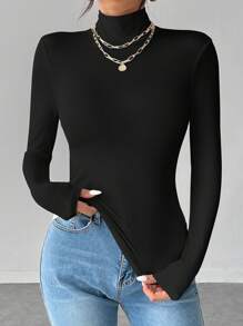 SHEIN PETITE Solid Color Slim High Collar Long Sleeve White Top - Black - View 4