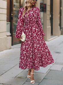 SHEIN LUNE 1 pieza Vestido largo con manga farol, cintura entallada y estampado floral pequeño para mujer, elegante estilo de resort, vestimenta para mujer maxí de color borgoña para primavera y otoño - Burdeos - Ver 6