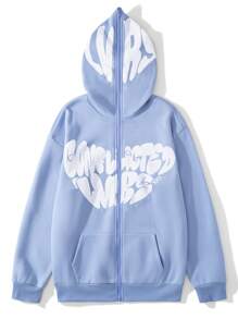 Manfinity Hypemode Sudadera con capucha con gráfico de letras para hombres con forro térmico, sudadera con capucha con cremallera azul, sudadera con capucha con gráfico con cremallera, para otoño e invierno, top de manga larga - Celeste - Ver 1