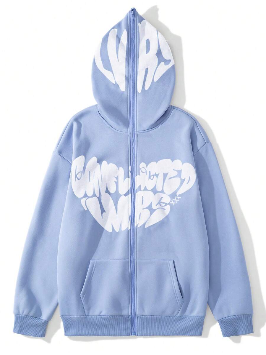 Manfinity Hypemode Sudadera con capucha con gráfico de letras para hombres con forro térmico, sudadera con capucha con cremallera azul, sudadera con capucha con gráfico con cremallera, para otoño e invierno, top de manga larga - Celeste - Ver 1