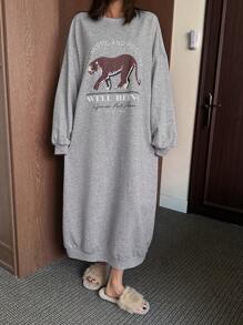 DAZY Animal Pattern Print Loose Casual Nightgown Pajama - Grey - View 1