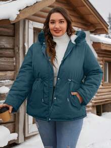 SHEIN Essnce Plus Size Solid Color Front Zipper Long Sleeve Pocket Casual Hooded Coat