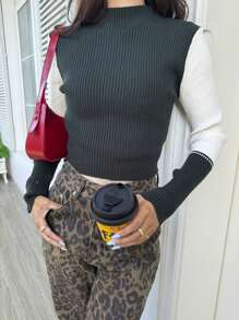 Chiquease Women Solid Color Patchwork Stand Collar Long Sleeve Casual Pullover Sweater Knit Pullover Fall Winter Outfit - Dark Green - View 3