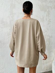 EURMUSE 100% 纯棉纯色落肩卫衣连衣裙 - 米色 - 查看 2