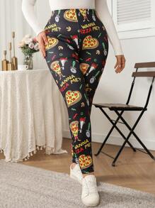 SHEIN LUNE Plus Size Women Halloween Heart Pizza Print Knit High Stretch Velvet Skinny Leggings, Fashion Slim Fit, Comfortable Base Layer - Multicolor - View 5