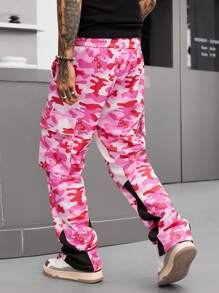 Manfinity EMRG Pantalón de chándal de pierna recta holgada con cintura con cordón y bolsillo plegable con estampado de camuflaje, estilo de moda urbana para hombres