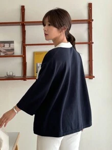 DAZY Femmes Loose Contrast Color 3/4 Sleeve Pullover Sweater Automne, Hiver - Bleu marine - Voir 7