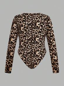 SHEIN EZwear 3Pcs/Set Plus Size Women Casual Leopard & Solid Color Long Sleeve Round Neck Bodysuit For Spring & Autumn, For Winter - Multicolor - View 6