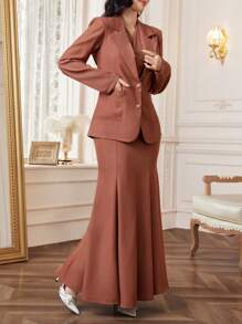 Modelyn Bộ vest thanh lịch 2 món cho nữ áo cổ chữ V viền bất đối xứng + áo khoác dài tay cài nút phía trước + chân váy - Bụi hồng - Xem 5