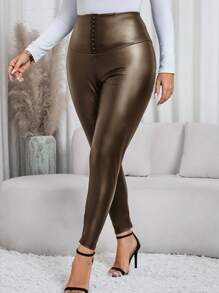 SHEIN Clasi 大码女式纯色 PU 皮革高腰前按扣紧身裤