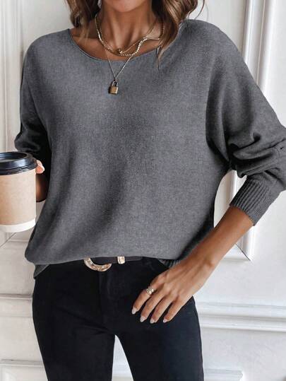Chiquease Casual Women's Solid Color Round Neck Batwing Sleeve Sweater, Autumn/Winter Knit Pullover Fall Outfit