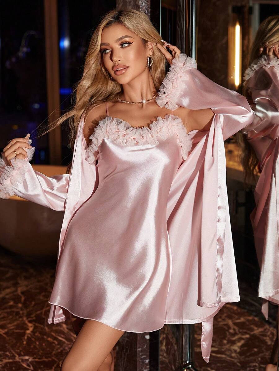 SilkySpell 2pcs Set: Floral Trim Faux Silk Nightgown And Belted Robe, Fall Winter Clothes Cozy And Elegant Details - Baby Pink - View 1
