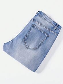 Manfinity LEGND Plus Size Men Navy Washed Slim Fit Jeans Frayed Jeans, Plain Slim Fit Long Ripped Navy Blue Cargo Jeans, For Husband, Boyfriend Gifts - Dark Wash - View 6