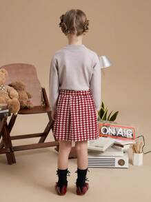 PrepCrw 年轻女孩格子针织 A 字中长裙，休闲学院风红色千鸟格图案，秋冬 - 紅色 - 查看 2