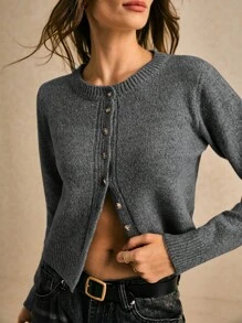 Poéselle Cárdigan de lana grueso de manga larga de un solo pecho, cuello redondo, informal, corto, para mujer en otoño e invierno. Suéter corto, suéter lindo, ropa de mujer para otoño, blusas para salir, estilo casual de oficina, suéteres de otoño, ropa de oficina, suéteres básicos. - Gris Oscuro - Ver 2