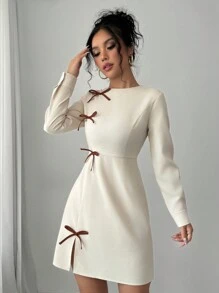 Selianne Women Autumn Elegant Bow Decor Split Hem Dress Fall Cloth For Women - Apricot - View 3