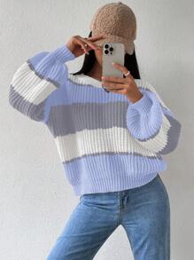 Chiquease 女士休闲拼色条纹落肩宽松罗纹针织毛衣 - 彩色 - 查看 4