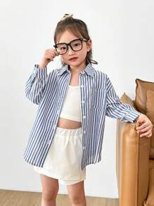 SHEIN 年轻女孩闪亮街头休闲宽松编织条纹长袖衬衫，春季 - 藍色 - 查看 7