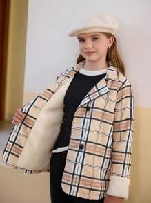 SHEIN 1 chiếc áo khoác lót nhiệt cổ ve kẻ caro ấm áp cho bé gái tuổi mới lớn, mùa thu/đông - Nhiều màu - Xem 8