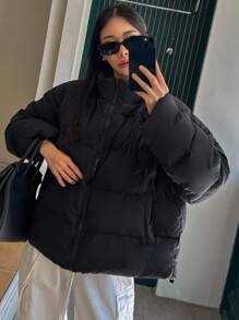 DAZY Women's Casual Solid Color Regular Stand Collar Loose Warm Down Jacket, Winter Style, Winter Women Clothes, Padded Coat Women