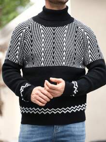 Manfinity Homme Men's Winter Geometric Pattern Turtleneck Casual Long Sleeve Sweater - Black - View 5