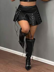 Slaydiva New Casual Street Sexy And Cute High Waist Side Eyelet Straps Decorated With Rivets Decorated Pleated Skirt White PU Women's Skirt-EE - Black - View 3