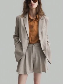 Ontre Khaki Linen Asymmetric Cloak Blazer And Shorts Business Suit Set, Stylish For Autumn - Khaki - View 7