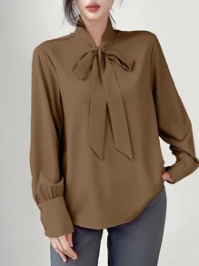 SHEIN Unity Elegant Knot Collar Long Sleeve Casual Blouse, Autumn