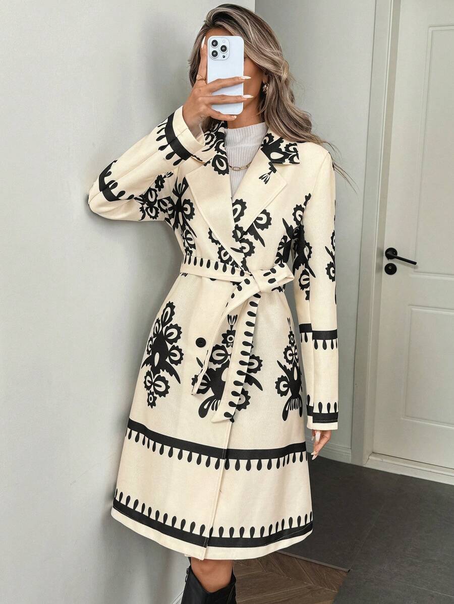 SHEIN Clasi Women's Retro Floral Pattern Medium-Long Knitted Jacket Fall Cloth For Women - Multicolor - View 1