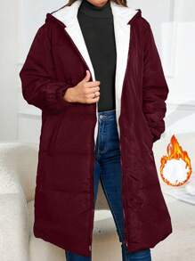 Plus Size Front Zip Up Hooded With Pockets, Casual Sweatshirt Puffer Coat For Winter Clothes Fall Cloth For Women