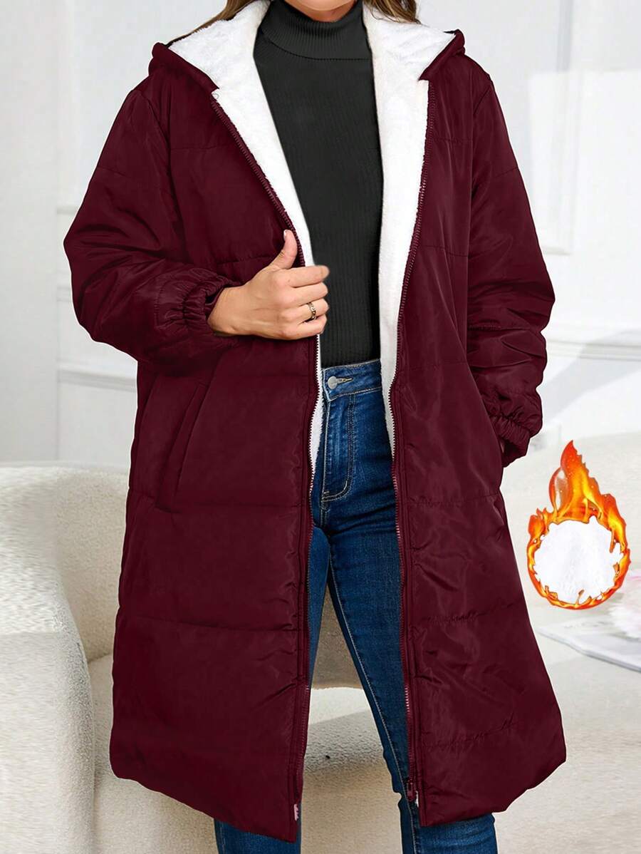 Plus Size Front Zip Up Hooded With Pockets, Casual Sweatshirt Puffer Coat For Winter Clothes Fall Cloth For Women