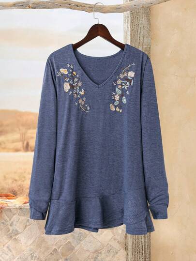 Rusticease 大码女式花卉刺绣长袖 T 恤，蓝色，冬季女装