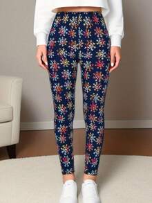 Quần legging thể thao thường ngày thời trang Giáng sinh cho nữ, vải nỉ co giãn cao màu xanh navy họa tiết bông tuyết, mềm mại & thoải mái, thích hợp cho tập thể dục, chạy bộ, yoga - Màu xanh hải quân - Xem 2
