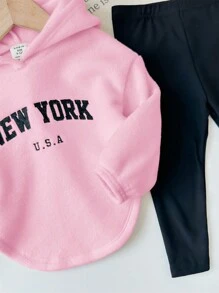 SHEIN LMoss Kids 女婴可爱字母刺绣羊毛连帽不对称上衣和松紧腰黑色裤子套装，秋冬 - 彩色 - 查看 3