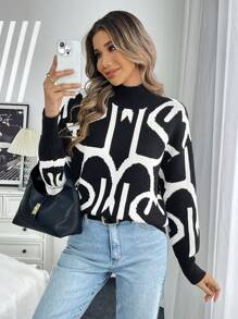SHEIN LUNE Women's Casual Minimalist French-Style Long Sleeve Pullover Sweater Knit Pullover Fall Winter - Black - View 3